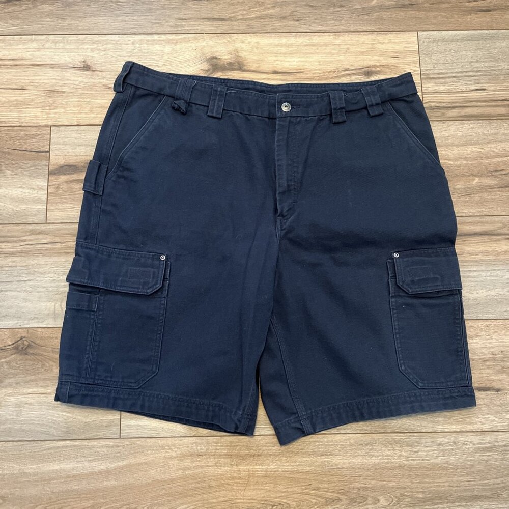 Men's Duluth Fire Hose Carpenter Cargo Shorts 44x12 Navy Blue Canvas Work Casual